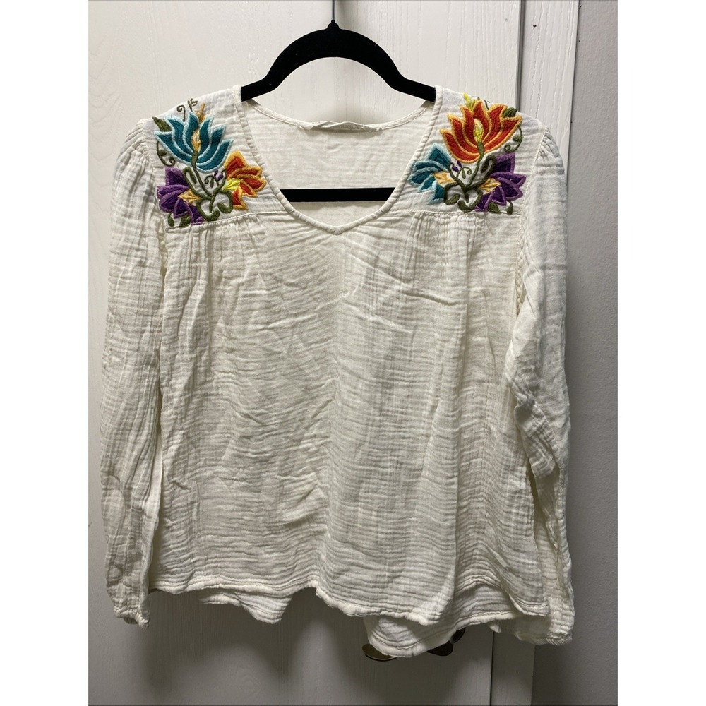 Hippie Laundry Embroidered Floral Cotton Gauze Boho Top  Medium Women's